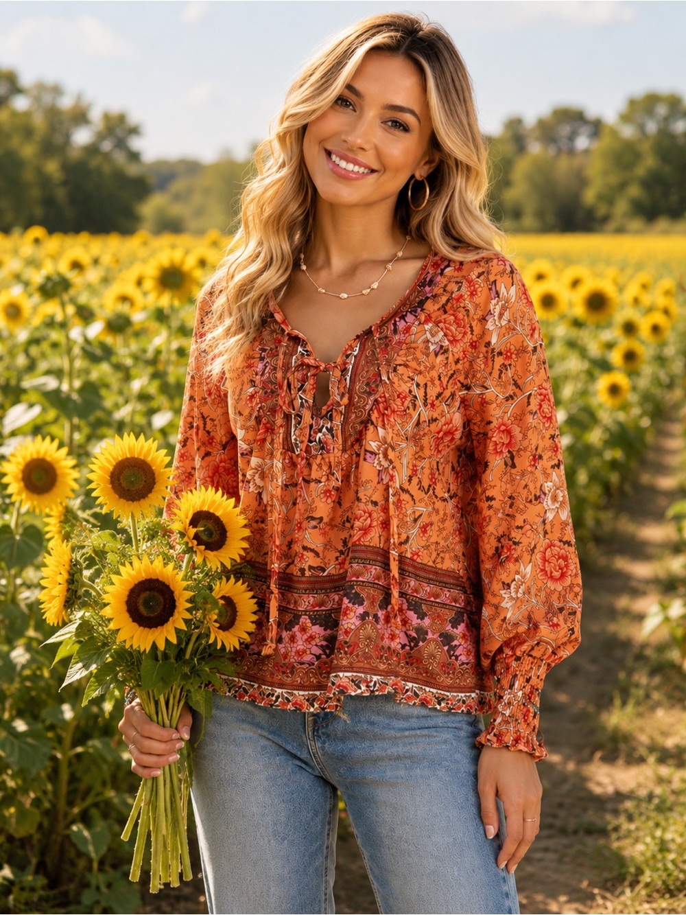 Boho Floral Print Lantern Sleeve Tie Front Blouse - Picture 4 of 8